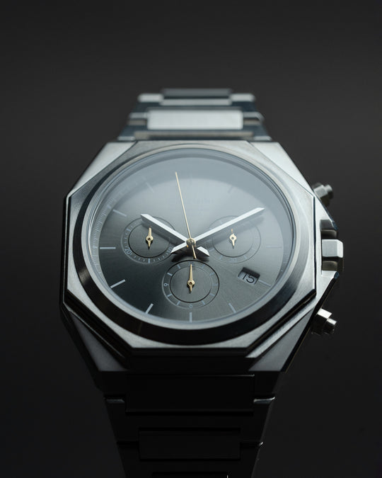 44mm Swiss chronograph watch with silver case and strap