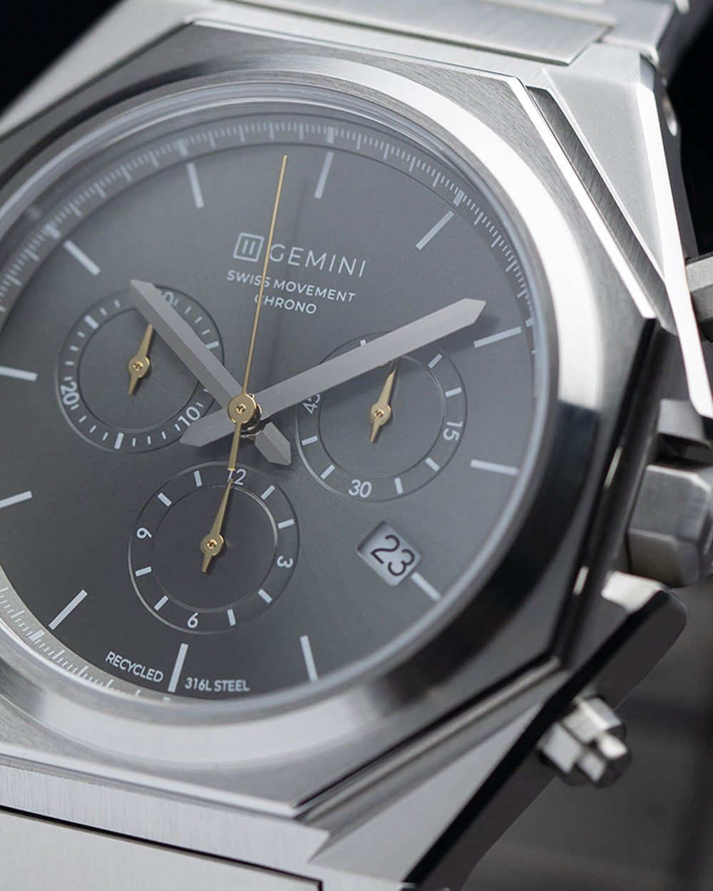 44mm Swiss chronograph watch with silver case and strap