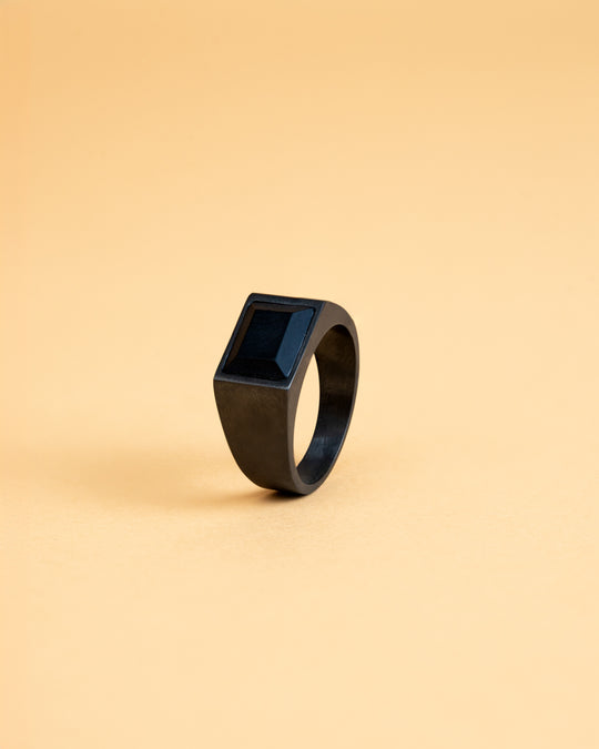 Black Titanium signet ring with black Agate stone