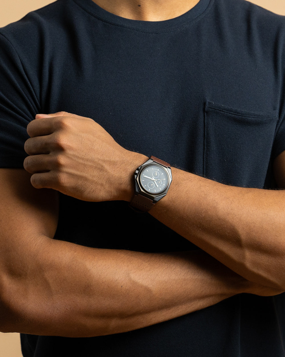 44mm dark grey steel watch with brown Italian leather strap