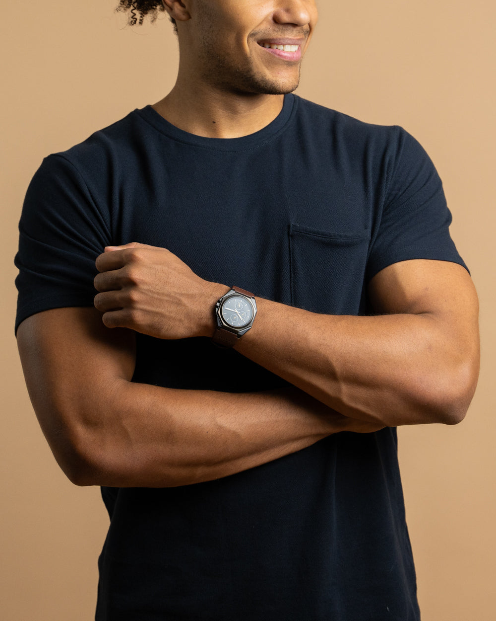 44mm dark grey steel watch with brown Italian leather strap