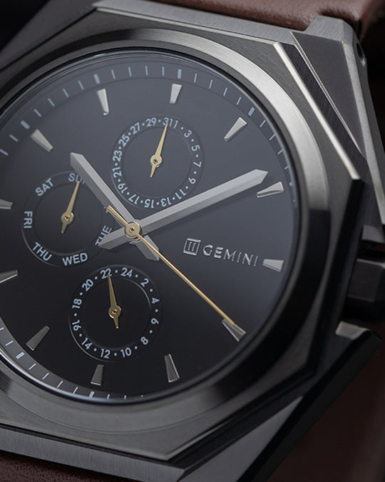 44mm dark grey steel watch with brown Italian leather strap