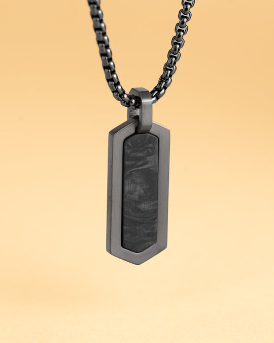 Black stainless steel necklace with a forged carbon finish