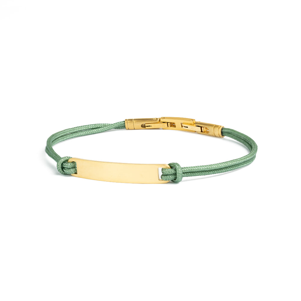 Green nylon bracelet with a gold-plated engraving plate