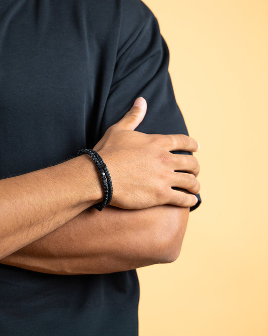 Double bracelet with Italian leather and 4mm Black Agate stone