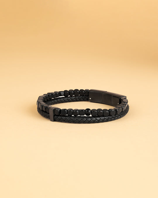 Double bracelet with Italian leather and 4mm Black Agate stone