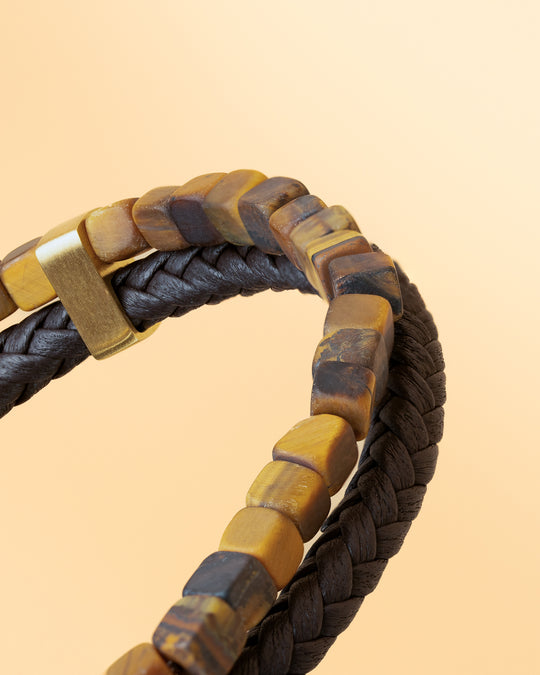 Double bracelet with Italian leather and 4mm Tiger Eye stone