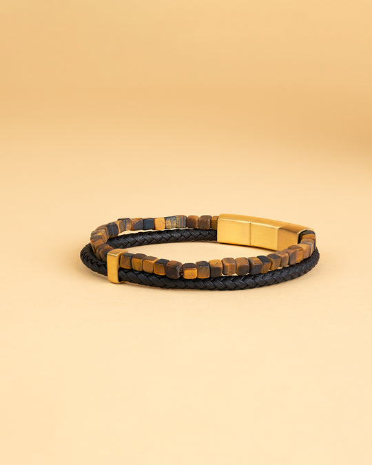 Double bracelet with Italian leather and 4mm Tiger Eye stone