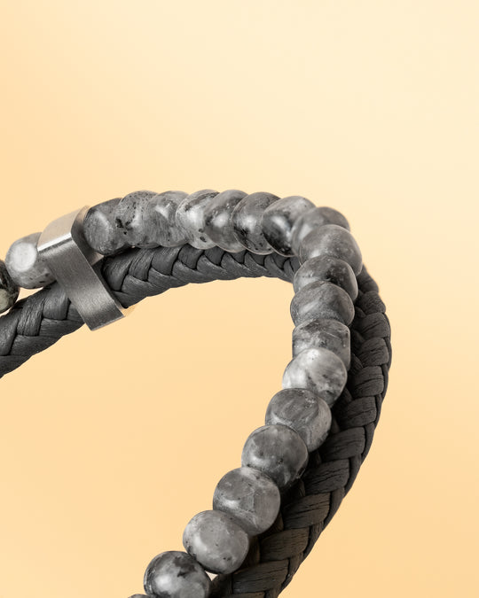 Double bracelet with Italian leather and 4mm Larvikite stone