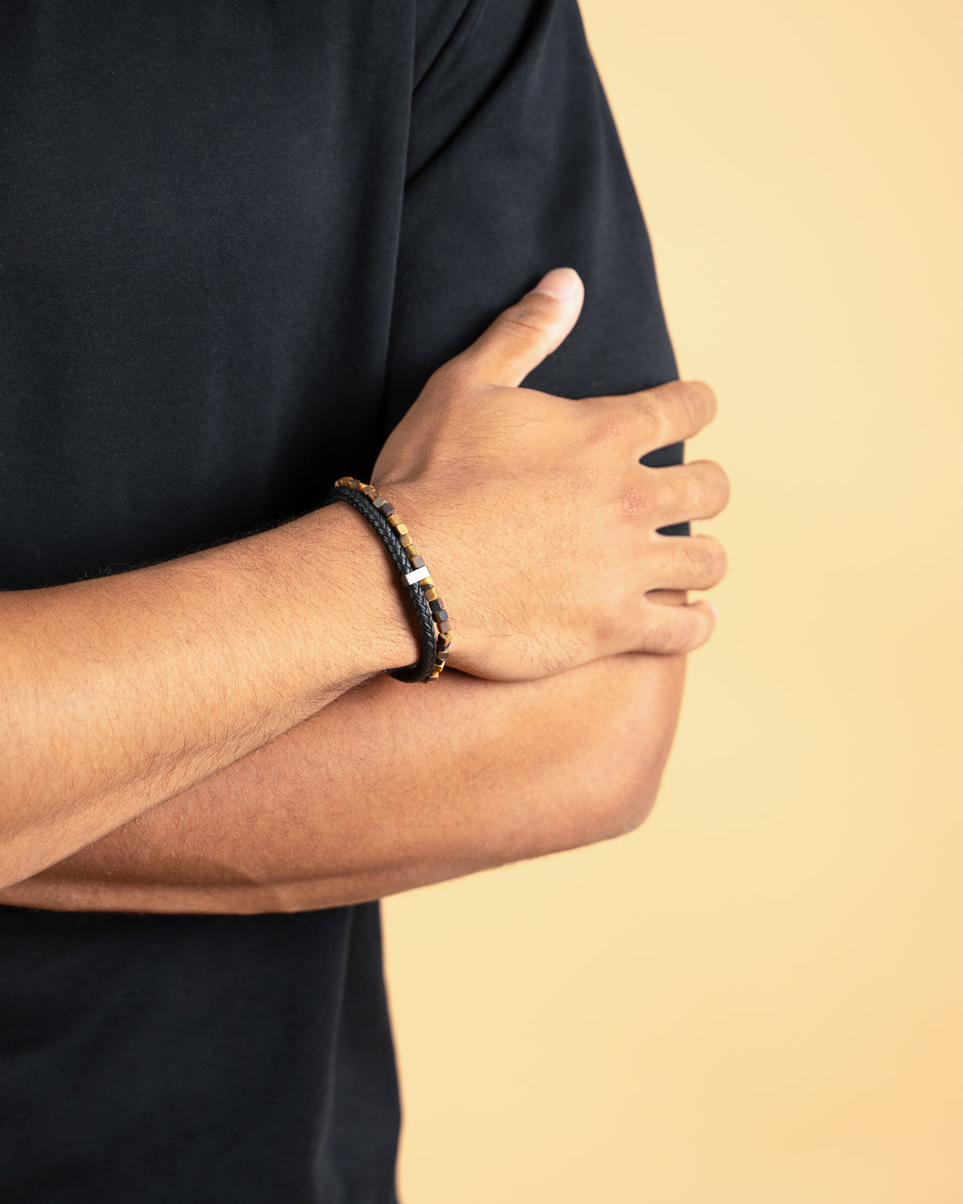 Double bracelet with black Italian leather and 4mm Tiger Eye stone