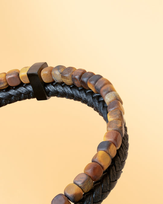 Double bracelet with black Italian leather and 4mm Tiger Eye stone