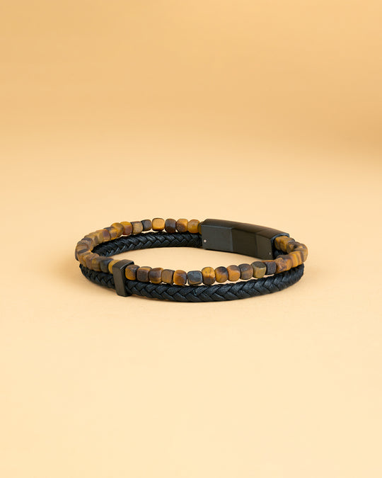 Double bracelet with black Italian leather and 4mm Tiger Eye stone