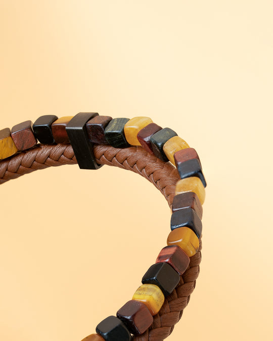 Double bracelet with brown Italian leather and 3 shades of Tiger Eye stone