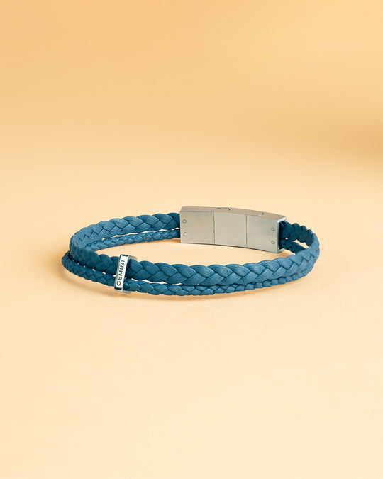 Double light blue Italian nappa leather bracelet with silverplated finish