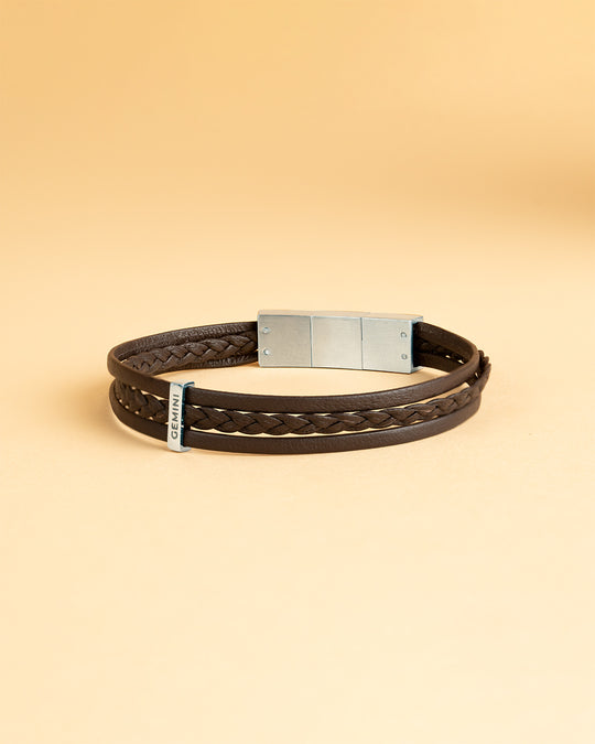 Triple brown Italian nappa leather bracelet with silverplated finish
