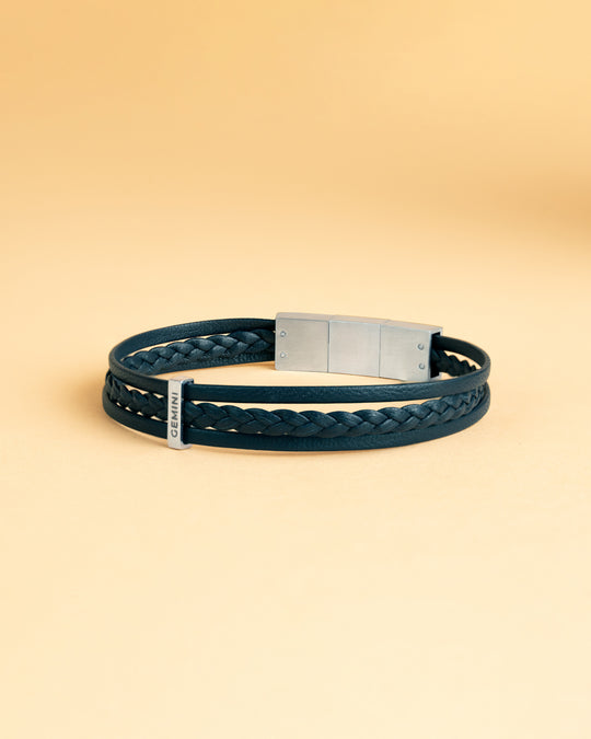 Triple blue Italian nappa leather bracelet with silverplated finish