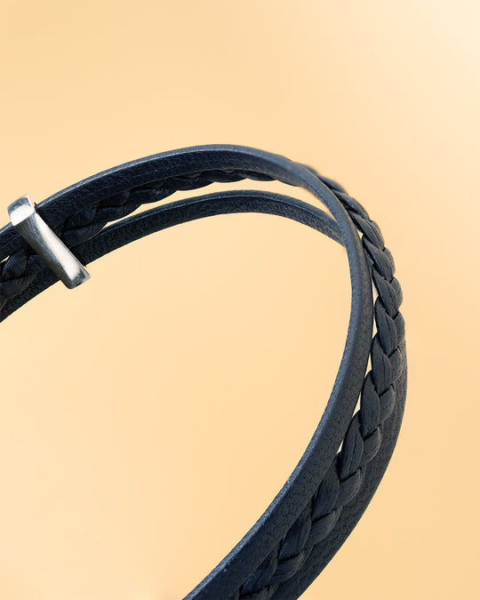 Triple blue Italian nappa leather bracelet with silverplated finish