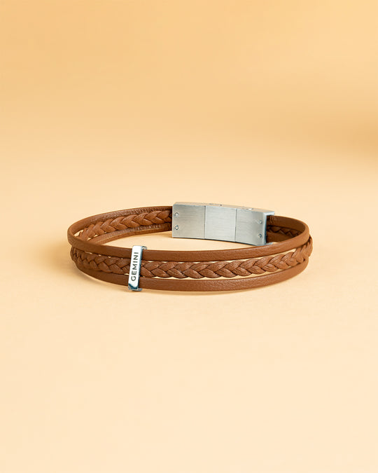 Triple light brown Italian nappa leather bracelet with silverplated finish