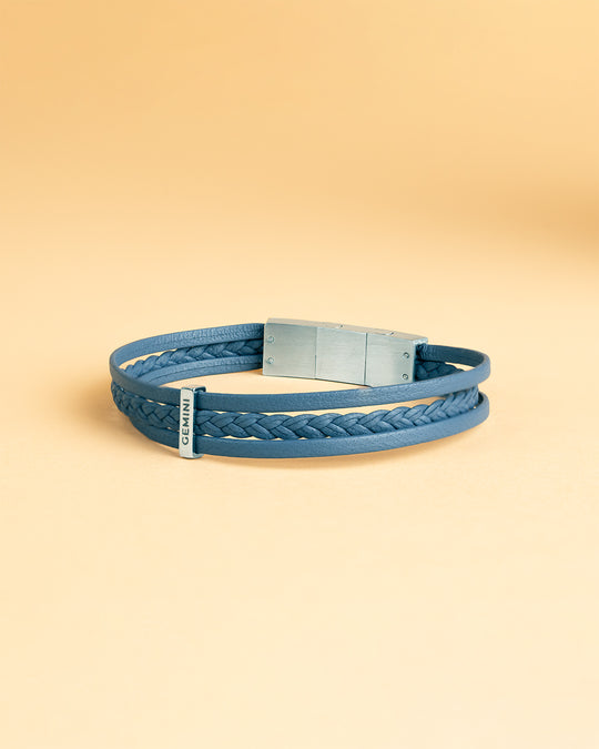 Triple light blue Italian nappa leather bracelet with silverplated finish