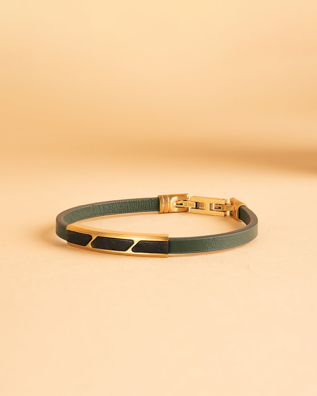 Green leather bracelet with Obsidian stone