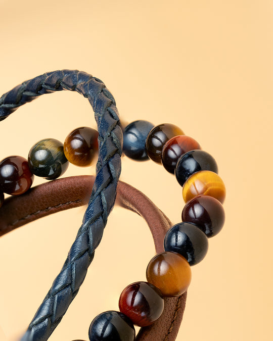 Triple bracelet with 6mm Tiger Eye stone and Nappa leather