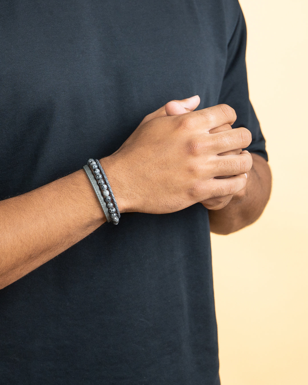 Triple bracelet with 6mm Larvikite stone and Nappa leather