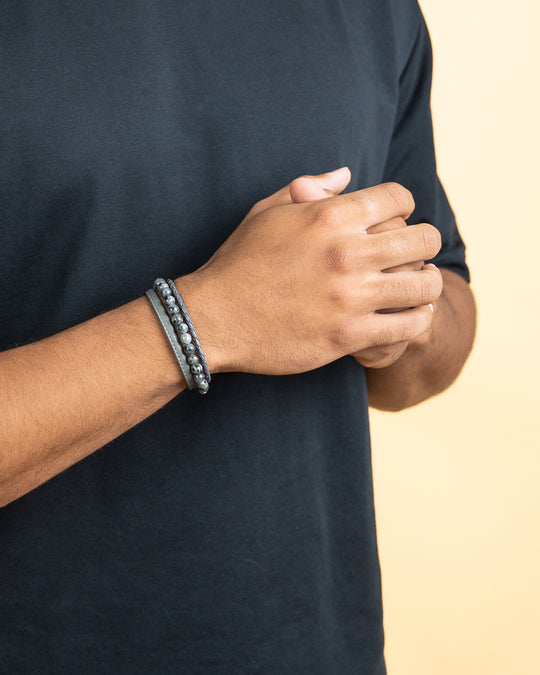 Triple bracelet with 6mm Larvikite stone and Nappa leather