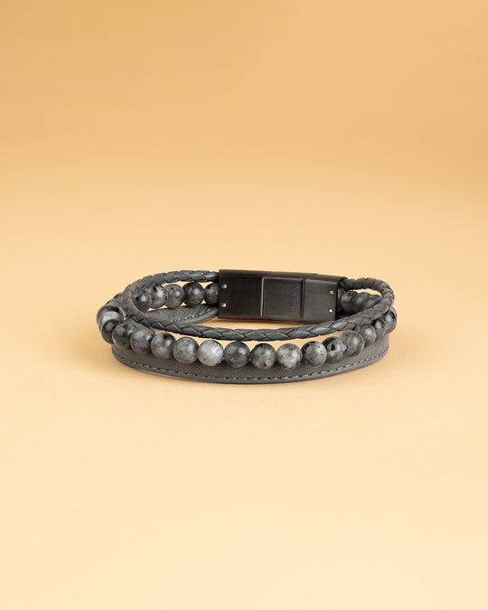 Triple bracelet with 6mm Larvikite stone and Nappa leather