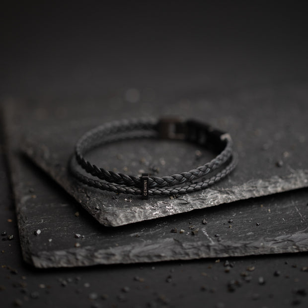 Double black Italian nappa leather bracelet with black finish