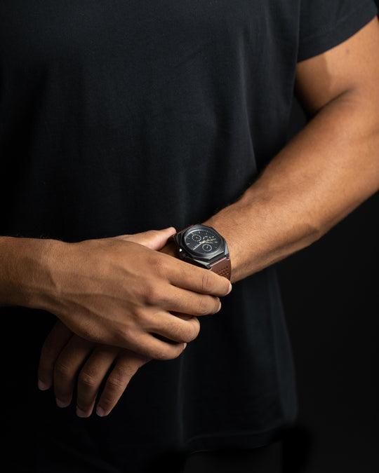 44mm dark grey steel watch with brown Italian leather strap