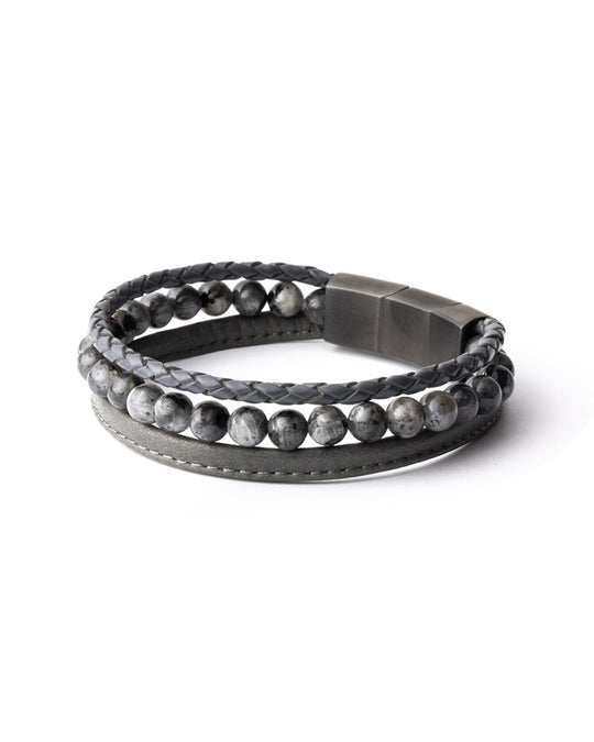 Triple bracelet with 6mm Larvikite stone and Nappa leather