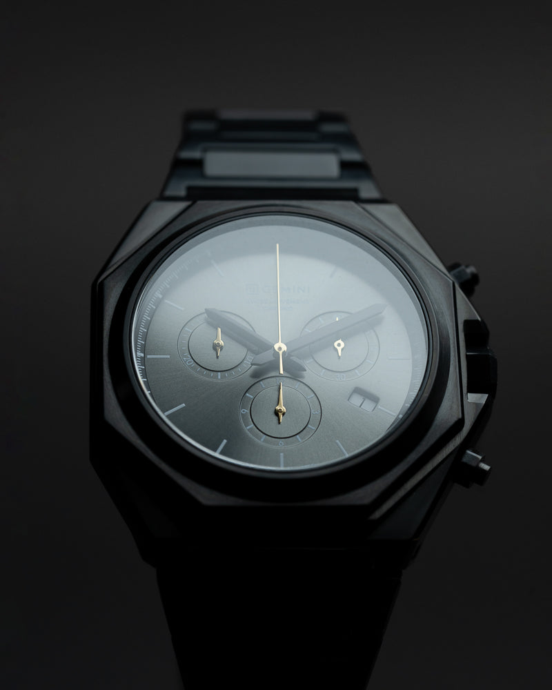 44mm Swiss chronograph watch with black case and strap