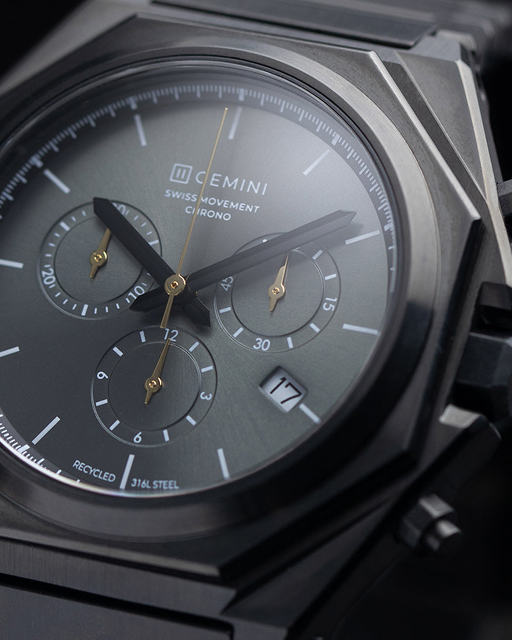 44mm Swiss chronograph watch with black case and strap