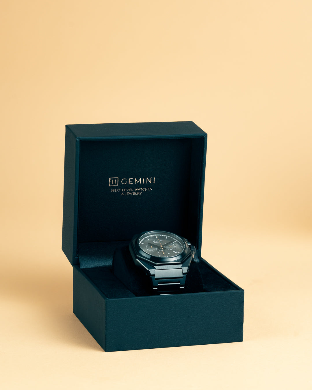 44mm Swiss chronograph watch with black case and strap