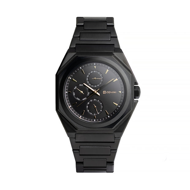 42mm full stainless steel watch with black finish and gold details