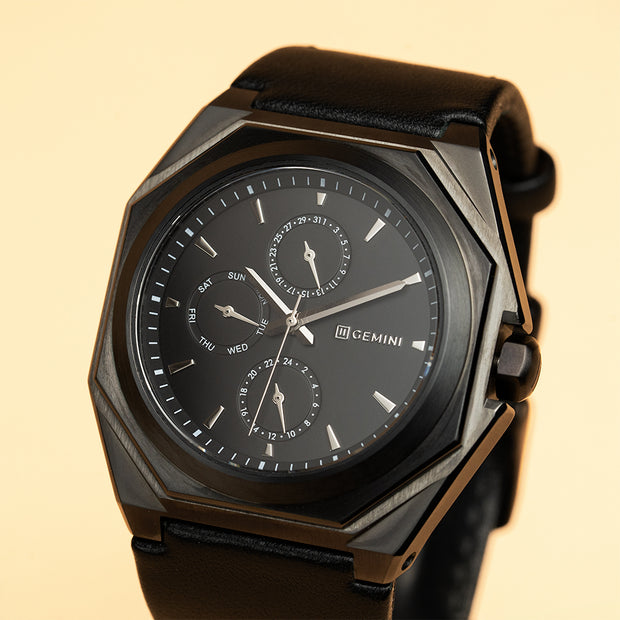 42mm black steel watch with Italian leather strap