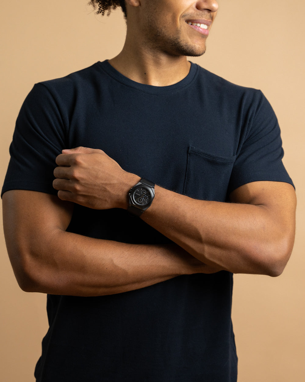 42mm black steel watch with Italian leather strap