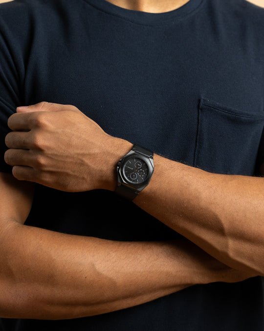 42mm black steel watch with Italian leather strap