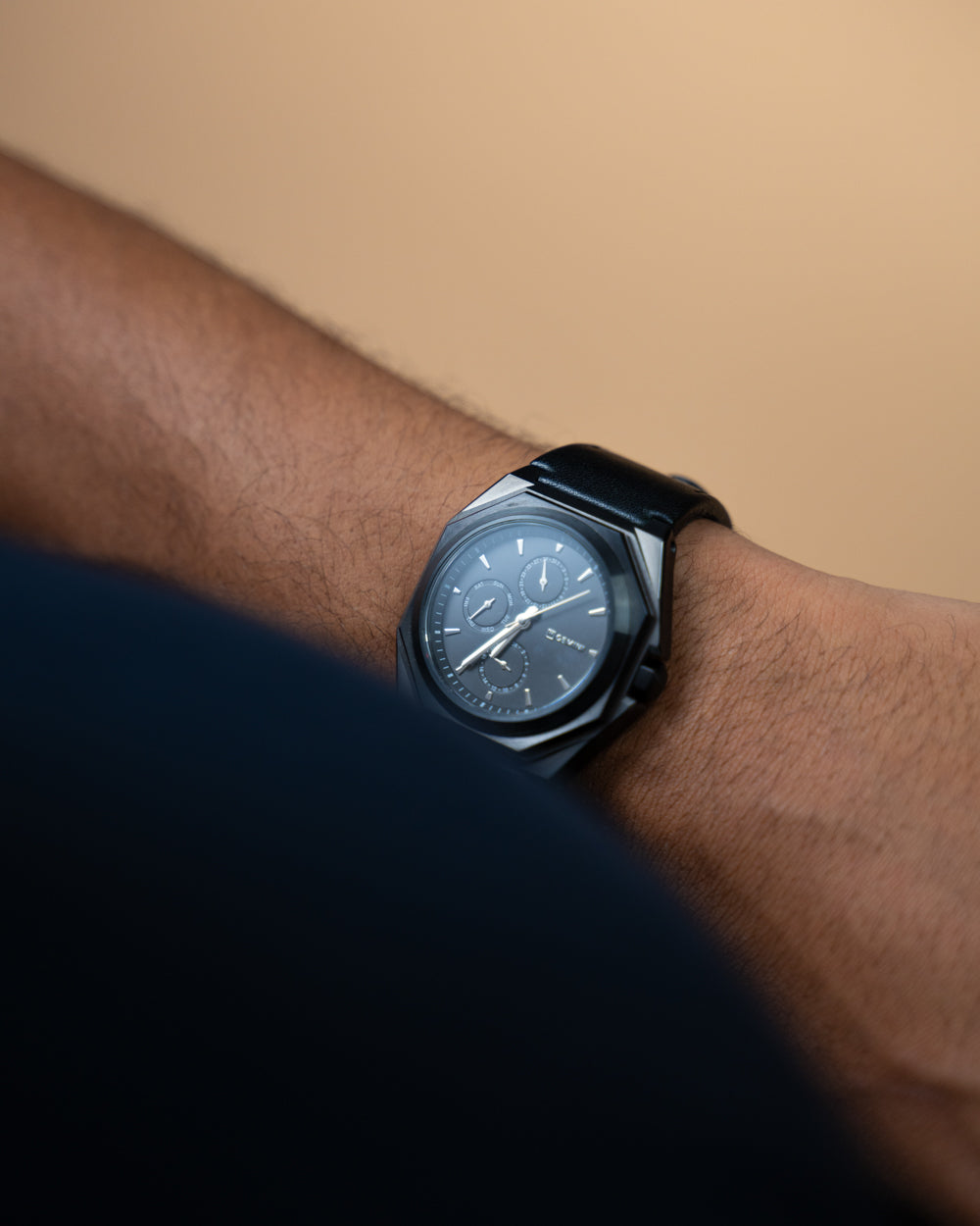42mm black steel watch with Italian leather strap