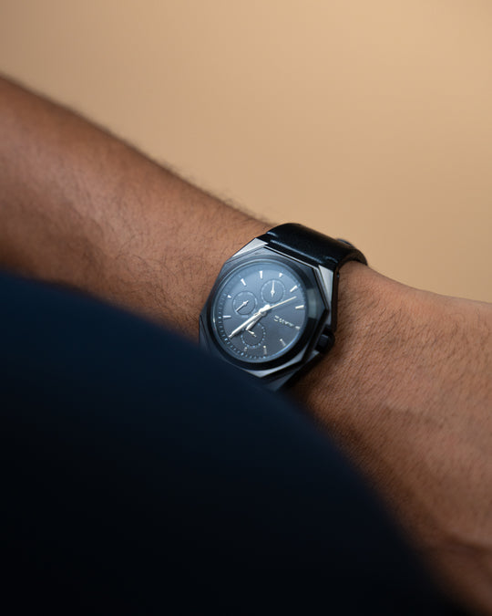 42mm black steel watch with Italian leather strap
