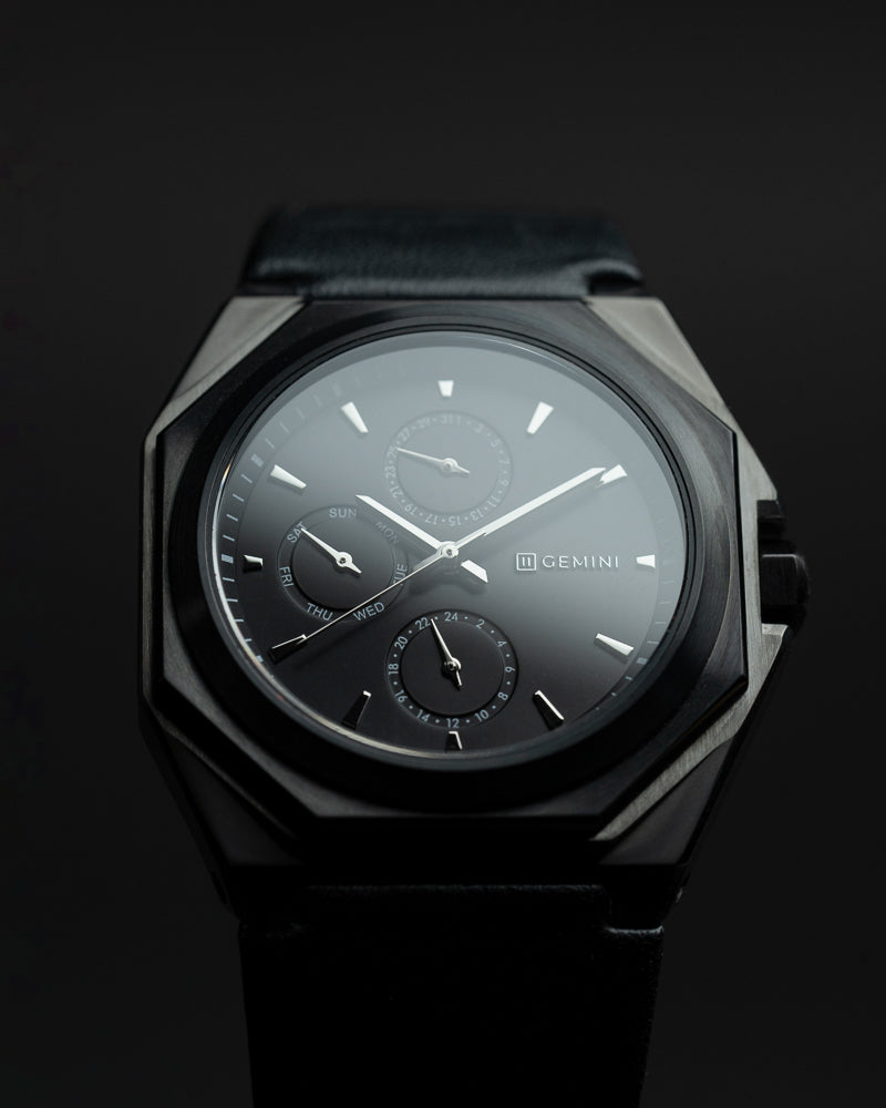 42mm black steel watch with Italian leather strap