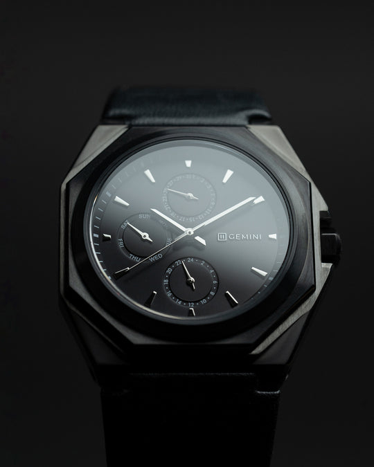 42mm black steel watch with Italian leather strap