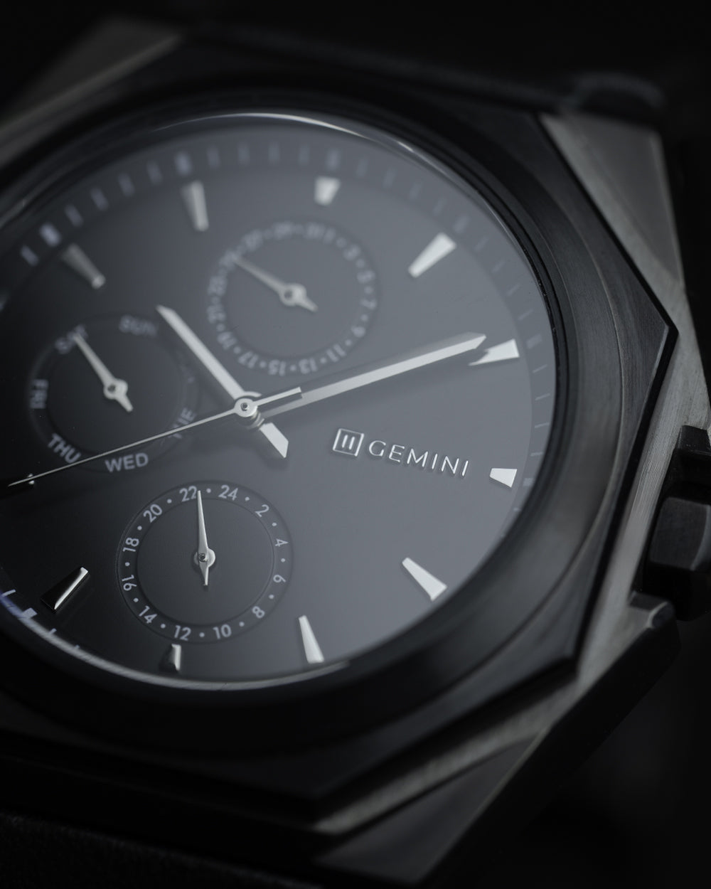 42mm black steel watch with Italian leather strap