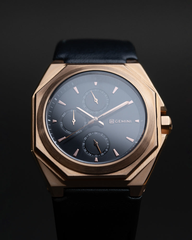 42mm bronze steel watch with Italian leather strap