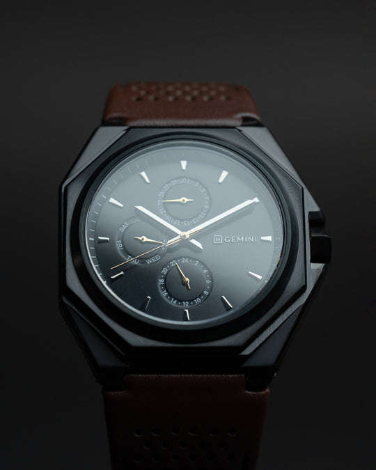 44mm dark grey steel watch with brown Italian leather strap