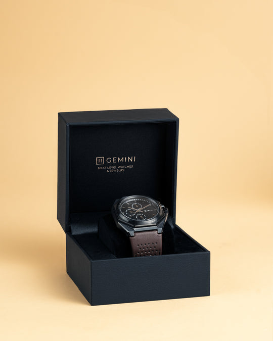 44mm dark grey steel watch with brown Italian leather strap