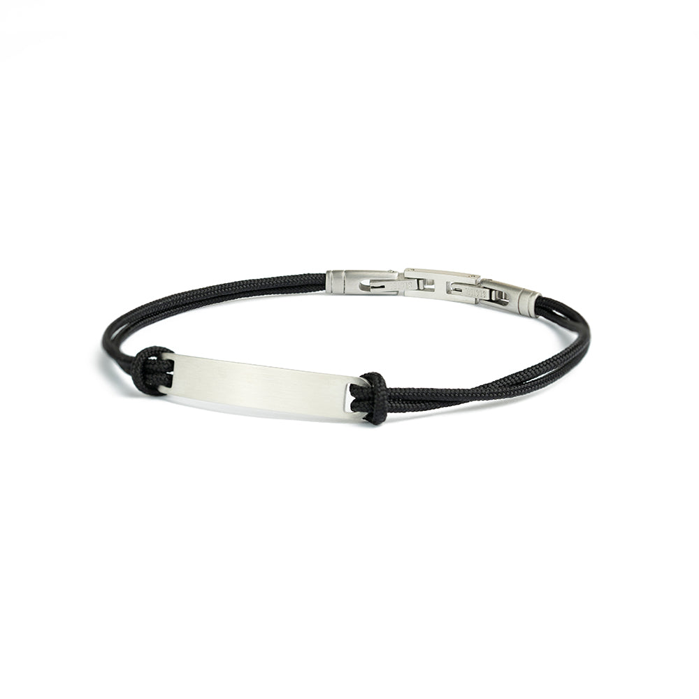 1.5mm black nylon bracelet with a silver stainless steel closing and engraving plate