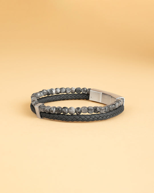 Double bracelet with Italian leather and 4mm Larvikite stone