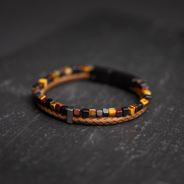 Doppeltes Armband mit braunem italienischem Leder und Tigerauge-Stein in 3 Farbtönen