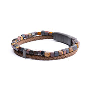 Bracelet double en cuir italien marron et Oeil de Tigre mixtes